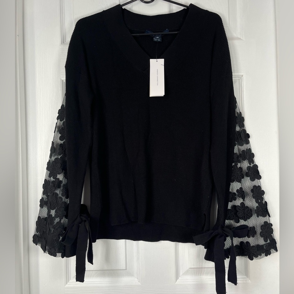 French Connection Black Lace Knit Sweater V-Neck XS - Picture 3 of 9